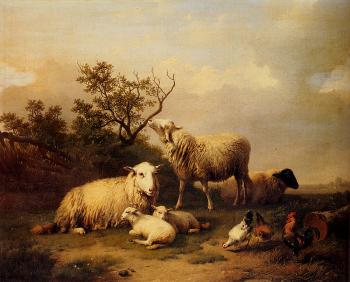 尤金 約瑟夫 維保蓋文 Sheep With Resting Lambs And Poultry In A Landscape